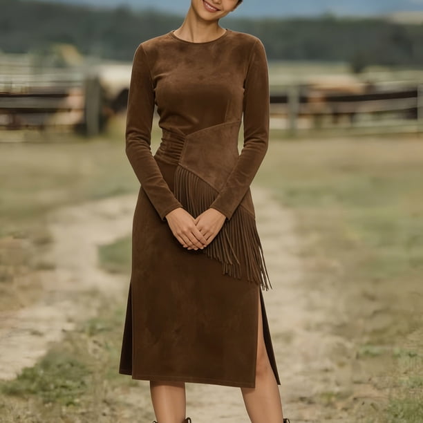 western dresses for graduation Women's Vintage Suede Dress Crewneck Long Sleeve Tassel Bodycon Split Midi Guest Dress Brown S category:Jewelry