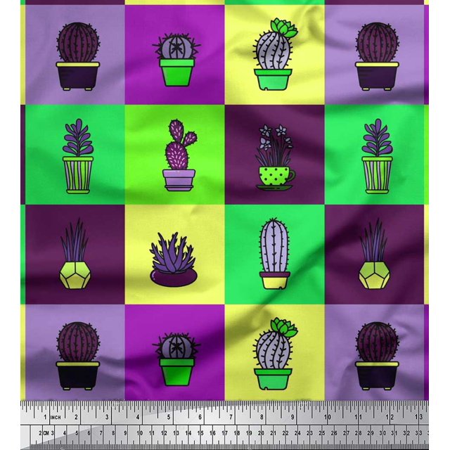 Soimoi Japan Crepe Satin Fabric Cactus Tree Print Fabric by The Yard 42 Inch Wide