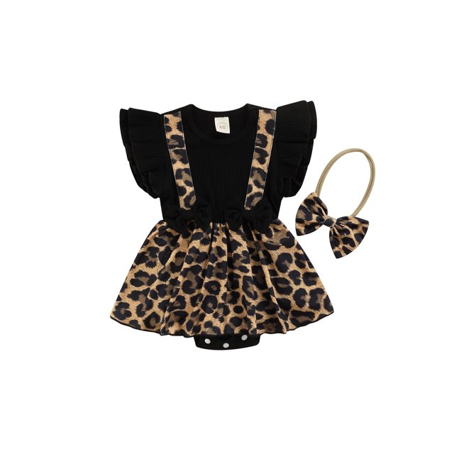 Xingqing Barboteuse Fleurie pour Bébés Filles, Robe Tutu, Justaucorps à Manches à Volants, Combinaison avec Bandeau, Tenues Léopard 6-9 Mois