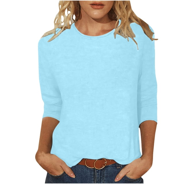 Birdeem T-Shirt Mode Femme Uni Mi-Longueur Manches 3/4 Blouse Col Rond Hauts Décontractés