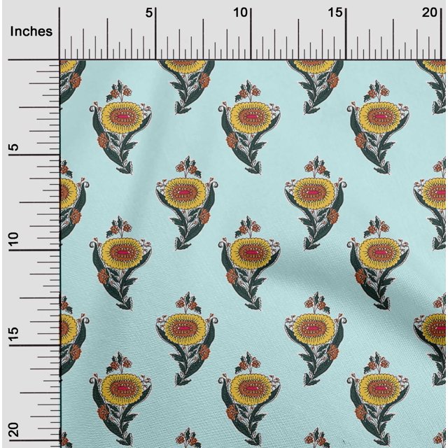 oneOone Silk Tabby Fabric Leaves & Floral Block Print Fabric BTY 42 Inch Wide