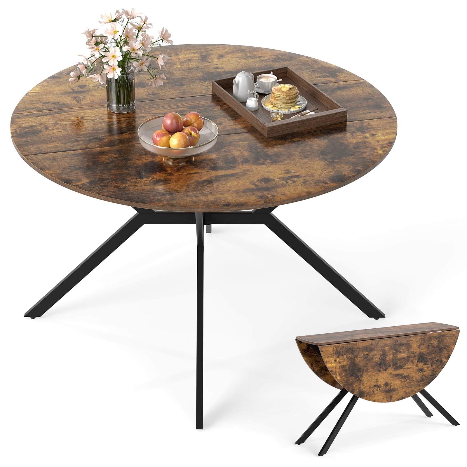 Gymax Folding Dining Table 47'' Extendable Round Kitchen Table w/Drop Leaves for Home