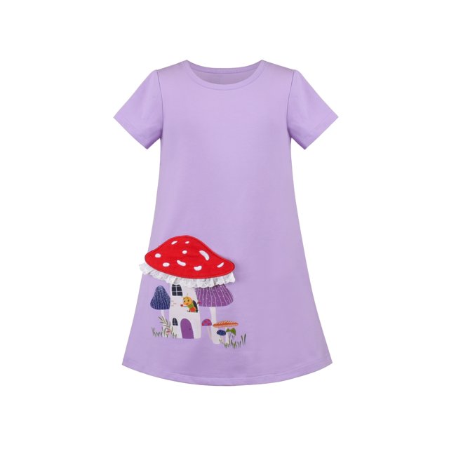 T-shirt Robe Fille Violet Champignon Bordure en Dentelle Appliqué Mobile Manche Courte 4 Ans