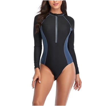 Pisexur Women Long Sleeve One Piece Swimsuits UPF 50+ Rash Guard Color Block Zipper Surfing Wetsuit Bathing Suit Tummy Control Bodysuit