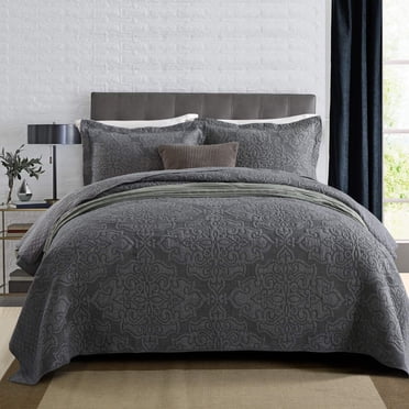 NEWLAKE Reversible Quilt Bedspread Embroidered Microfiber Coverlet Set,Jacquard Embossed Floral,Grey, King Size