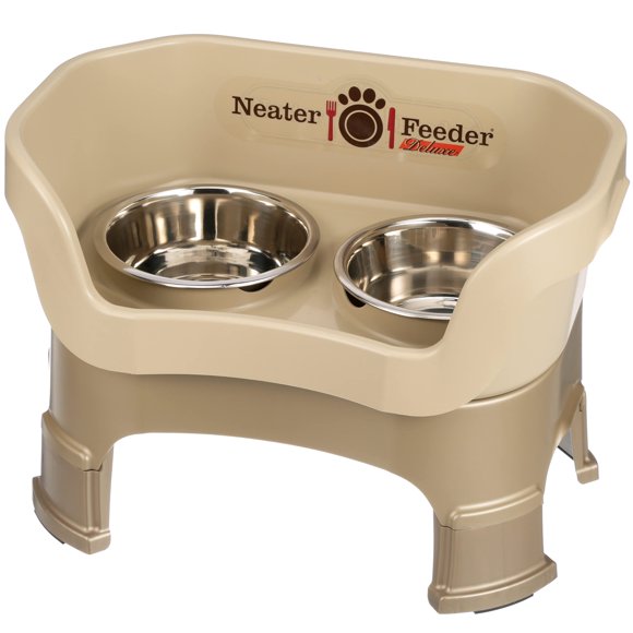 Neater Feeder Deluxe with Leg Extensions for Medium Dogs - Mess Proof Pet Feeder with Stainless Steel Food & Water Bowls - Drip Proof Non-Tip and Non-Slip - Cappuccino