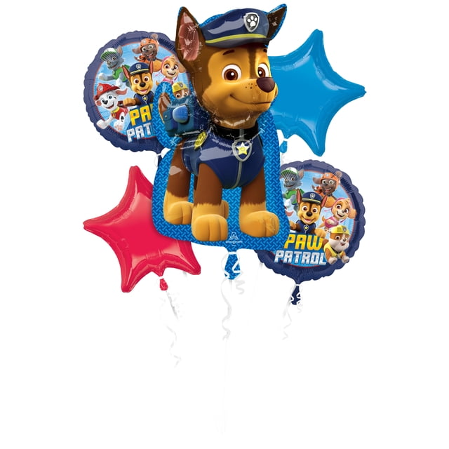 BQT Pat' Patrouille bouquet de Ballons en Feuille Comprenant Cinq Ballons en Feuille : un Grand Ballon en Forme de Poursuite en Uniforme de police, Deux Ballons Ronds avec des Personnages Pat' Patrouille et un logo, et Deux Ballons en Forme d'Étoile en Rouge et Bleu, Idéal pour les Décorations de Fête d'Anniversaire pour Enfants et les Événements à Thème.