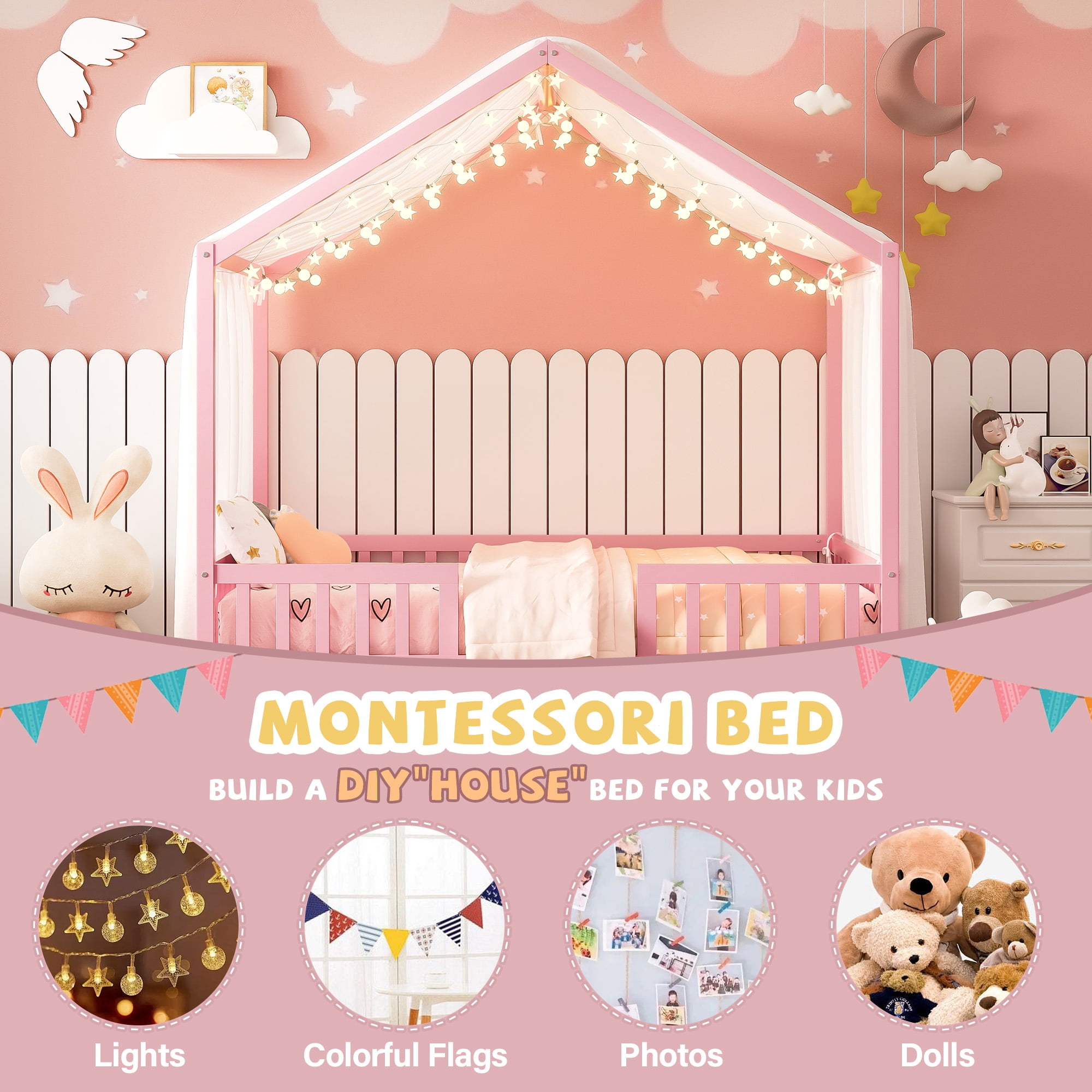 Homy Casa Montessori Full Size House Bed with Canopy, Pink Wooden Kids Bed Frame with Guardrails, Safe & Sturdy for Children