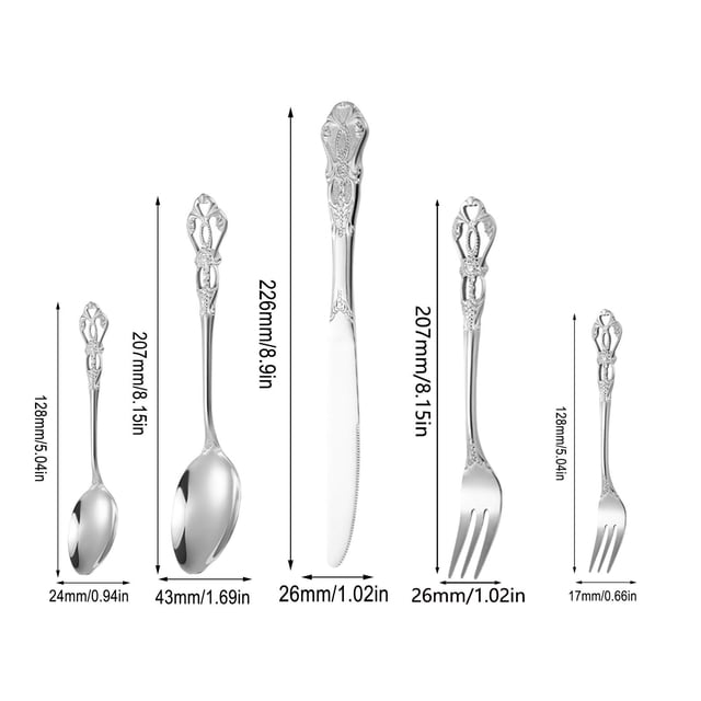 Fesfesfes Stainless Steel 5 Piece Cutlery Set Fork Knife Spoon Teaspoon and Soup Spoon Durable Tableware for Home Dining