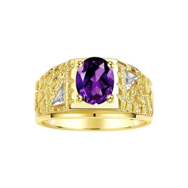 RYLOS Men's Rings Yellow Gold Plated Silver Designer Nugget Ring Oval 9X7MM Gemstone & Diamonds Amethyst Birthstone Rings For Man Size 10