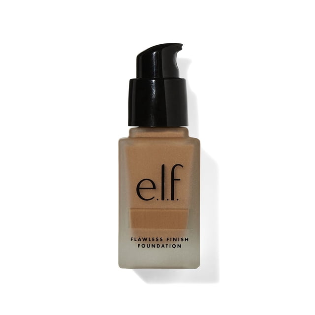 e.l.f. Cosmetics Flawless Finish Foundation in a frosted rectangular glass bottle with a black pump dispenser, containing medium beige liquid foundation with a satin finish, suitable for medium-to-full coverage and weightless all-day wear, shown on a white background with soft shadow.