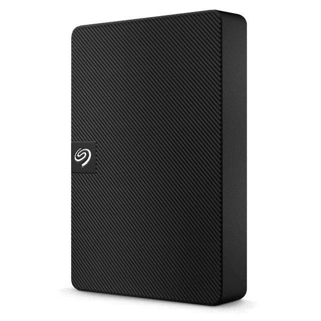Seagate Expansion Portable 5TB External Hard Drive HDD in a 3/4 view showing a slim rectangular shape with rounded edges and a textured black surface with diagonal lines, featuring a small Seagate logo patch, designed for USB 3.0 connectivity compatible with Mac and PC, ideal for quick storage expansion and file backup.