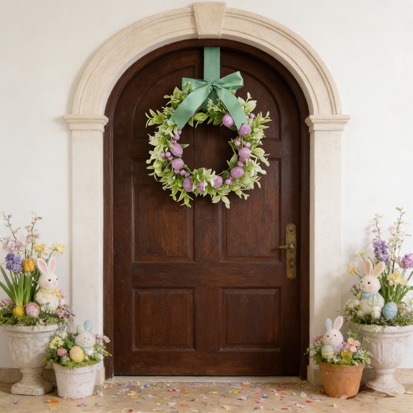 Easter Wreath Decorations | Artificial Flower Spring Wreath | Colorful Egg Accent, Floral Bow Detail, Indoor Outdoor Hanging Decor | Multicolor | 13.8 In
