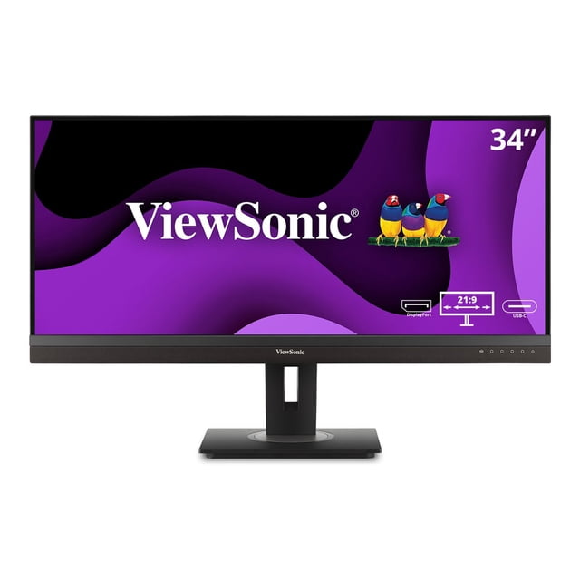 ViewSonic VG3456A 34-inch WQHD LED ergonomic docking monitor with 3440 x 1440 resolution, featuring a 21:9 aspect ratio, slim bezels, and USB-C connectivity with 100W power delivery. The monitor includes an integrated RJ45 Ethernet port and USB hub for streamlined multitasking and productivity.