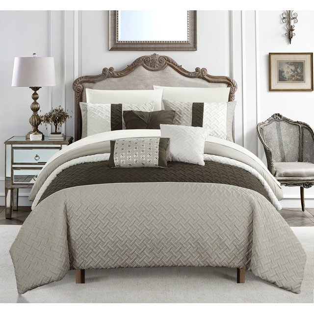 Chic Home Osnat 10 Piece Comforter Set Color Block Quilted Embroidered Design Bed in a Bag Bedding – Sheets Decorative Pillows Shams Included Queen Brown