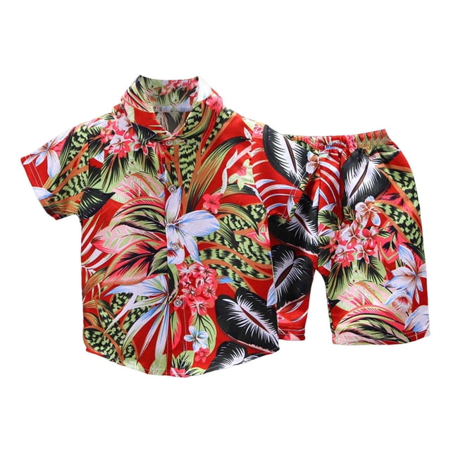 MIASHUI Toddler Boys Short Sets Tropical Print Button Down Shirt Outfits Boy Clothes,Red,2-3 Years