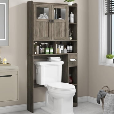 Vabches Armoire de Rangement au-Dessus de la Toilette, Étagère Autoportante pour Salle de Bain avec Portes en Verre et Tablettes Ajustables pour Salle d'Eau, Salle de Bain, Buanderie, Gris