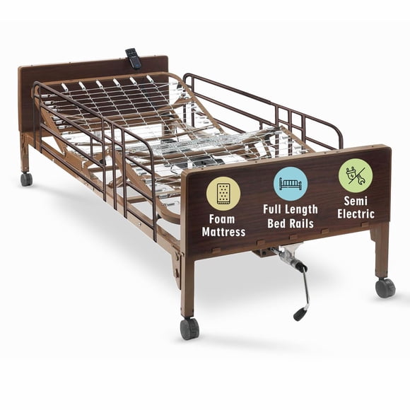 Semi Electric Hospital Bed with Premium Foam Mattress and Full Rails - for Home Care Use and Medical Facilities - Fully Adjustable, Easy Transport Casters, Remote - 80" x 36"
