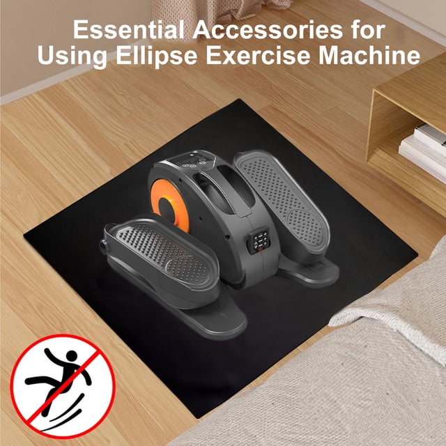 Meileang Ellipse Leg Exerciser Machine Non-Slip Mat in grey, designed for under-desk elliptical machines. Made from food-grade silicone, this mat provides floor protection, noise reduction, and anti-slip stability. It measures approximately 60cm by 55cm and is shown placed on a wooden floor with an elliptical exerciser on top, demonstrating its tailored fit and secure grip.