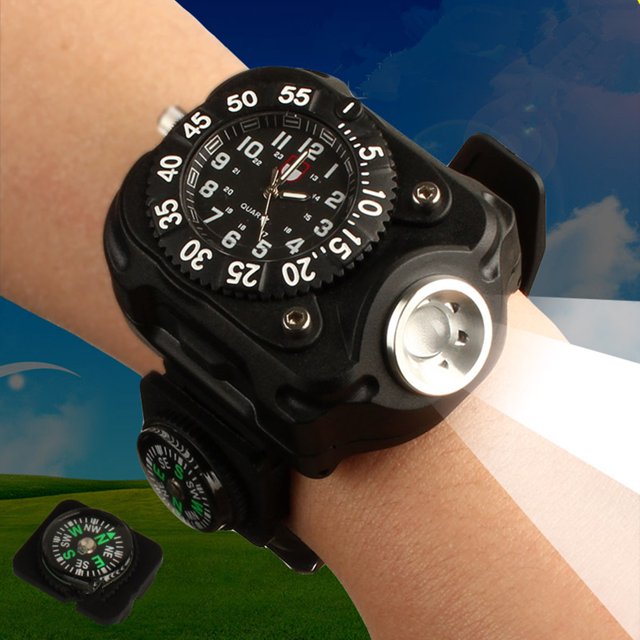 3in1 Super Bright LED Watch Flashlight Torch lights Compass, Outdoor Sports Rechargeable Mens Wrist Watch, Wristband Lamp