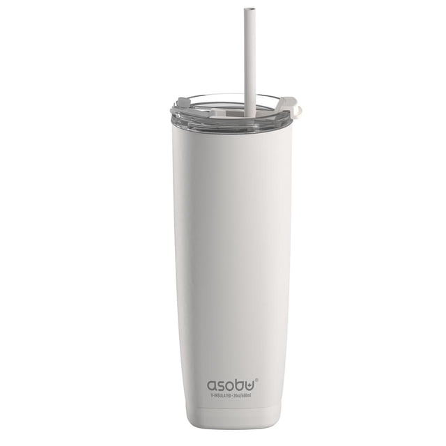 Asobu Aqualina Tumbler 20 oz en Blanc Cassé Mat avec une Forme Cylindrique Mince, Couvercle Transparent à Double Fonction avec Paille Amovible, Corps en Acier Inoxydable Isolé sous Vide Gardant les Boissons Chaudes pendant 12 Heures Ou Froides pendant 24 Heures, Convient aux Porte-Gobelets de Véhicule standard et Convient pour les Voyages.