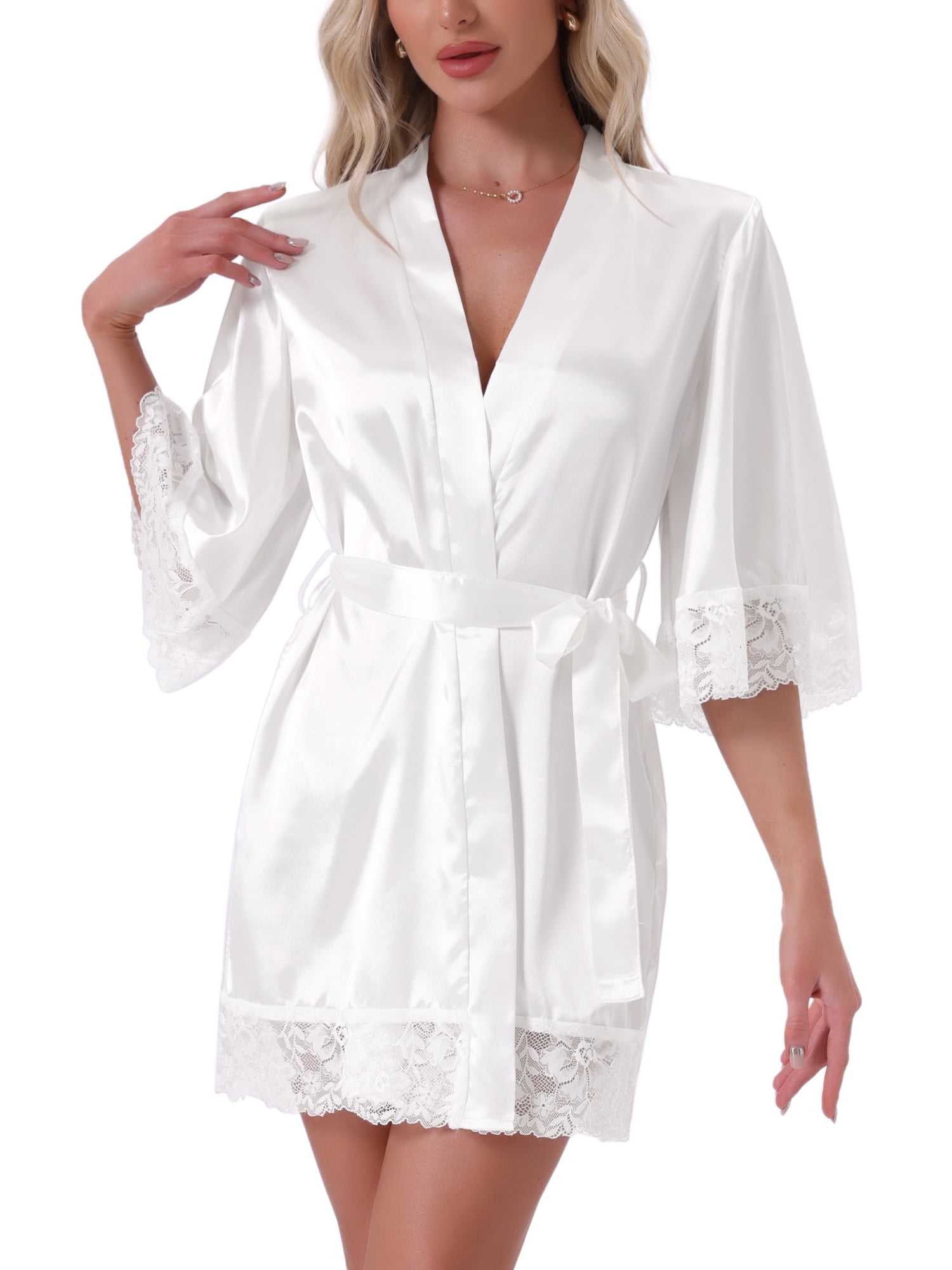 INSPIRE CHIC Women's Satin Robe Silky Lace Trim Bridal Party Tie Waist Wedding Bridesmaid Dressing Gown M White