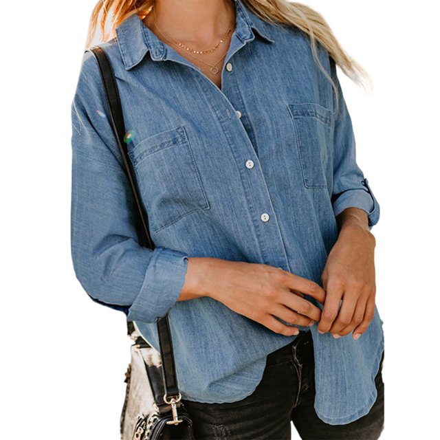 MAWCLOS Chemises en Denim pour Femmes, Coupe Ample, Ourlet Arrondi, Bureau, avec Poches, Hauts Bleu Lac m