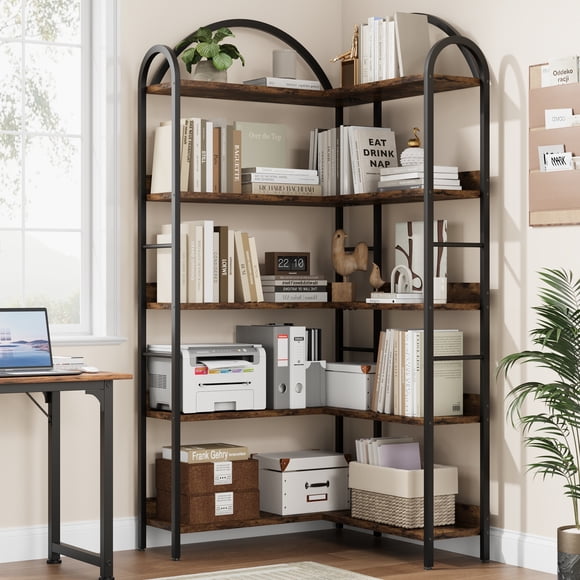 5-Tier Arched Corner Bookshelf with Industrial Metal Frame, L Shaped Etagere Storage Shelf for Living Room and Bedroom