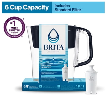 Brita Small 6 Cup Denali Water Filter Pitcher with 1 Brita Standard Filter, Made Without BPA, Black