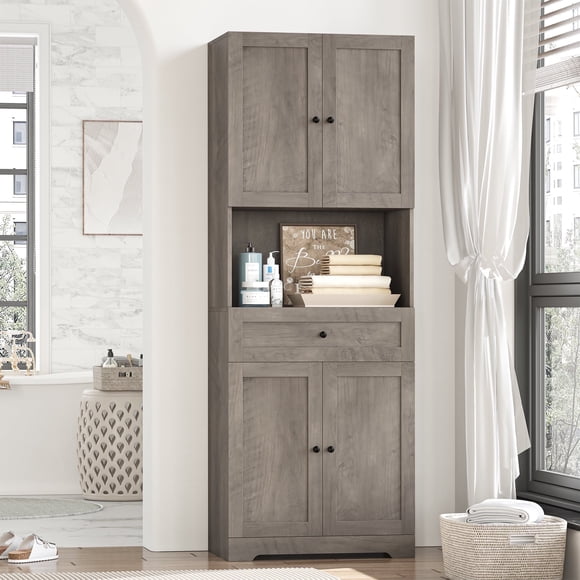 Homfa Armoire de Rangement de Salle de Bain Style Ferme de 67,5 Po de Hauteur avec Tiroir, Armoire de Rangement Autoportante Moderne à 4 Portes, Gris