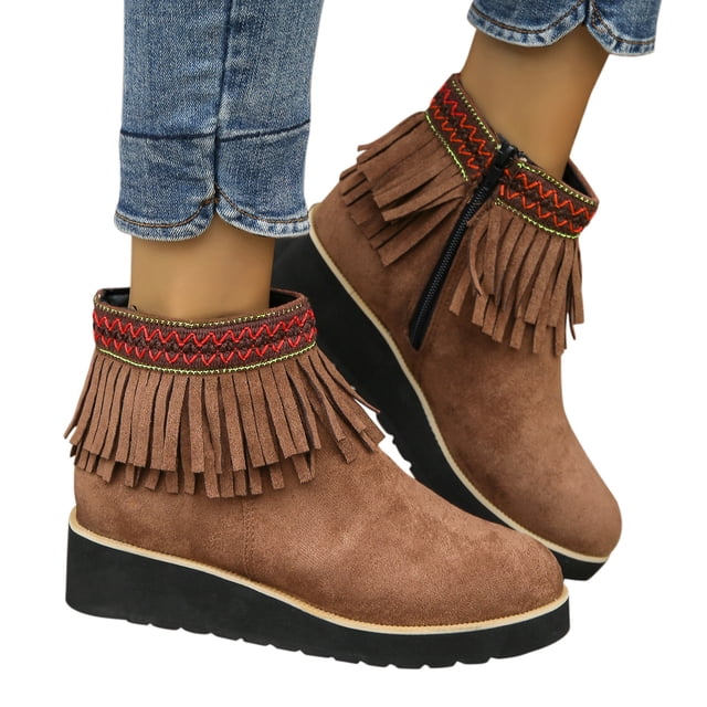 LSLJS Bottes Décontractées Courtes à Talon Compensé à Glands avec Grande Fermeture Éclair Latérale Simple, Bottines à Talon Compensé pour Femmes
