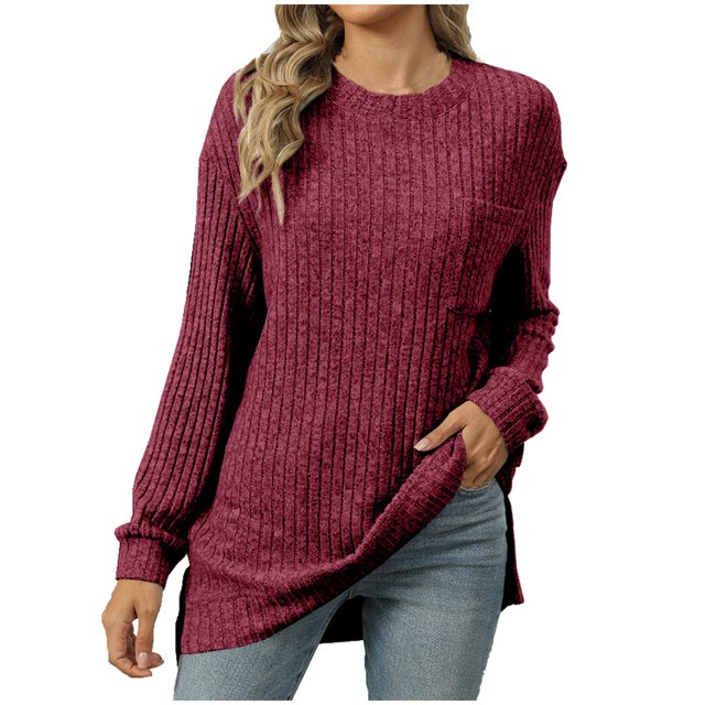yoeyez Tunique en Tricot pour Femmes, Chandails à Manches Torsadées Patchwork, Col Ras du Cou Raglan, Chemises à Manches Longues, Hauts de Mode d'Automne 2024, Bourgogne m