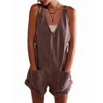 thumbnail image 3 of Women Casual Denim Short Overalls Rolled Cuff Barrel Shorts Jumpsuit Rompers Brown S, 3 of 8