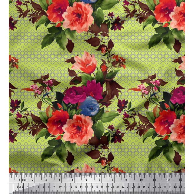 Soimoi Poly Georgette Fabric Geometric,Leaves & Peony Floral Printed Fabric 1 Yard 42 Inch Wide