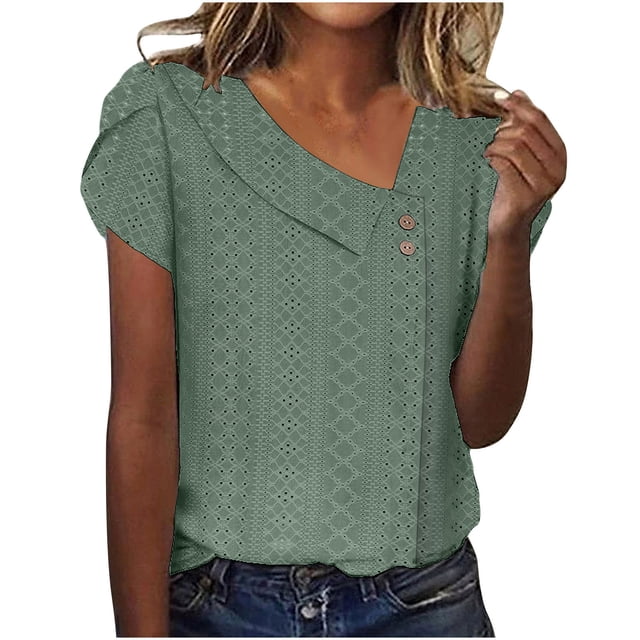 fheaev Eyelet Embroidery Tops For Women Tops Summer Spring Button V-Neck Tunic Tops Short Sleeve Business Blouses Shirts Casual Hollow Out Cute Tops
