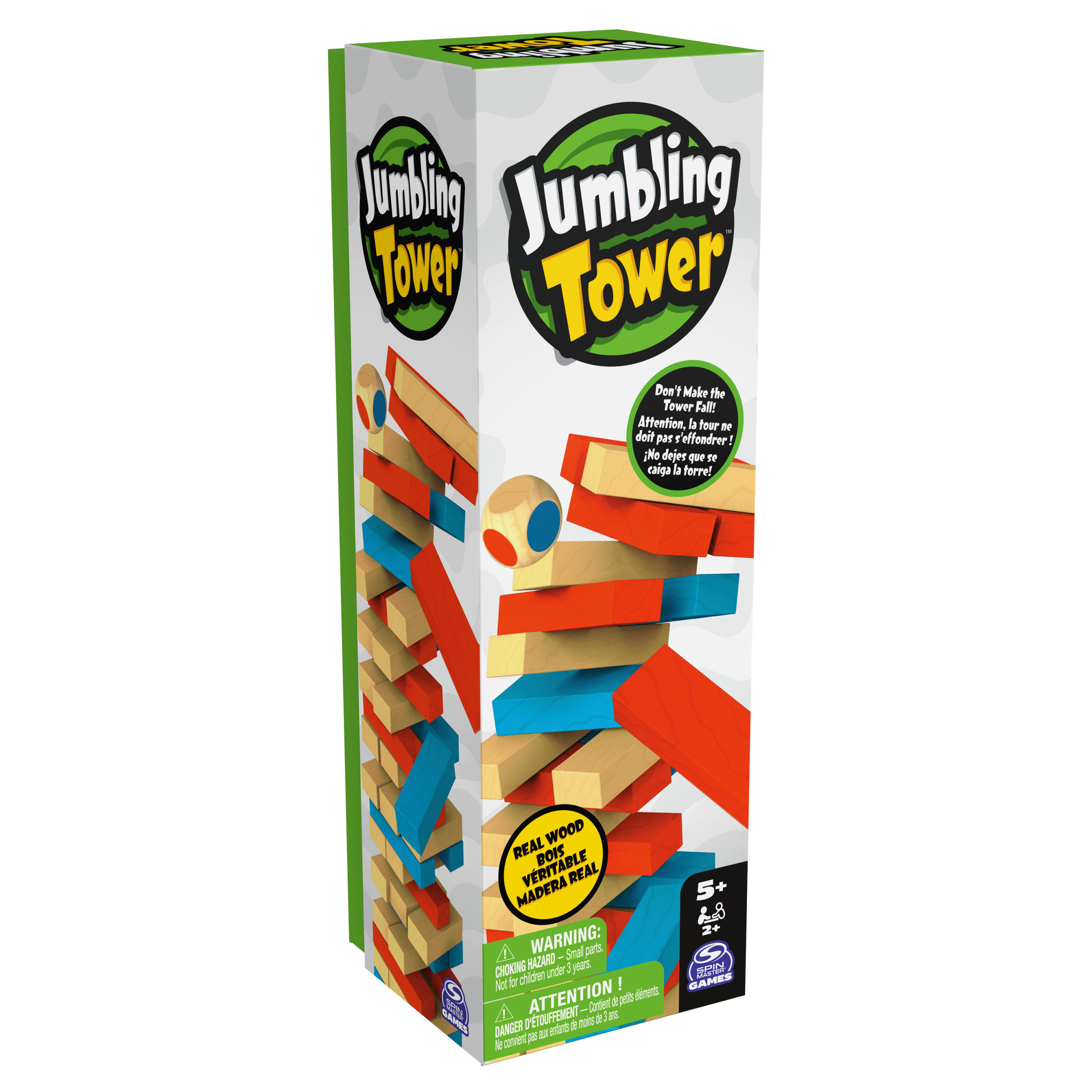 Spin Master Games, Jumbling Tower arc-en-ciel, jeu d'empilement et d'équilibre, jeu de construction, jeu de société en bois, pour les enfants à partir de 5 ans