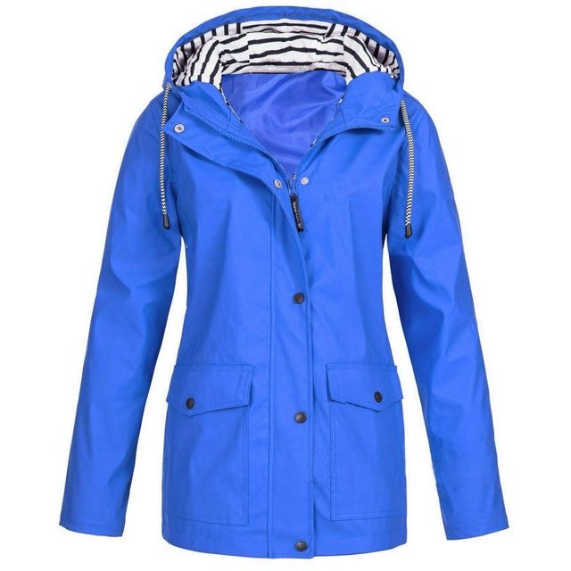 HTNBO Hooded Solid Color Rain Coats for Women Outdoor Windproof Plus Size Rain Jackets