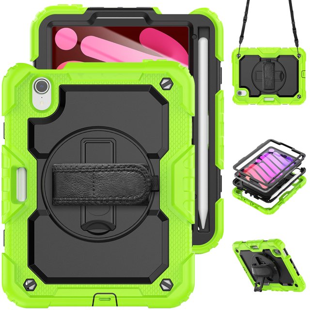 Case for iPad Mini 7 A17 Pro 2024/Mini 6 2021 8.3 Inch 7th/6th Gen with Screen Protector, 360 Degree Rotating Kickstand Hand Strap Shockproof Cover with Shoulder Strap, Lime