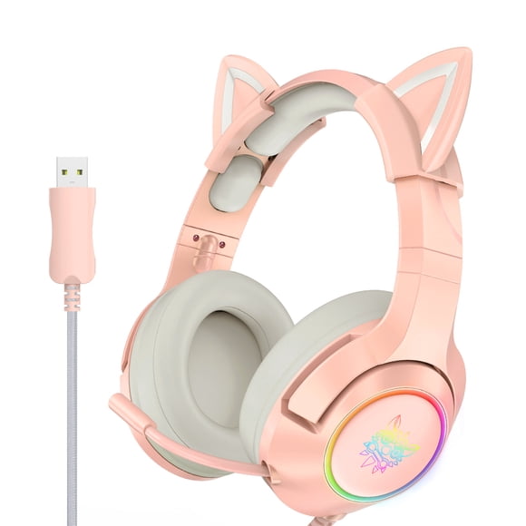 ONIKUMA ONIKUMA K9 Casque de Jeu avec Éclairage RVB, Oreilles de Chat Détachables, Son Surround 7.1 Virtuel, Micro à Réduction de Bruit, USB Prêt à l'Emploi, Contrôle du Volume, Rose