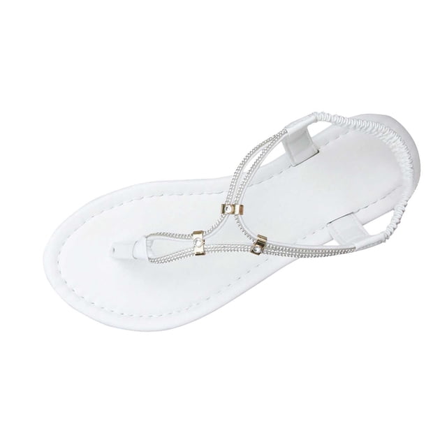 Wdhugt Fashion Womens Rhinestone Sandals Flat Heel Pu Leather Outdoor Shoes Size 9 Foot Length 10.24 Inches