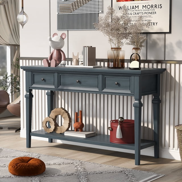 Table Console de Style Rétro Classique avec Trois Tiroirs Supérieurs et Tablette Inférieure Ouverte pour Entrée, Couloir et Salon