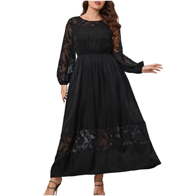 Pisexur Robes de Bal pour Femmes et Femmes Grande Taille2024 à Manches Longues à Col Rond en Dentelle Robe d'Été Fluide Évasée Noire Robe Maxi de Fête Tunique Décontractée Robes d'Invitée de Mariage Robes de Cocktail pour Femmes