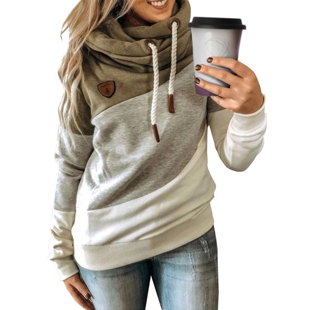 UKAP Women Pullover Drawstring Sweatshirt Color Block Hoodies Casual Fall Hooded Tops Khaki 4XL