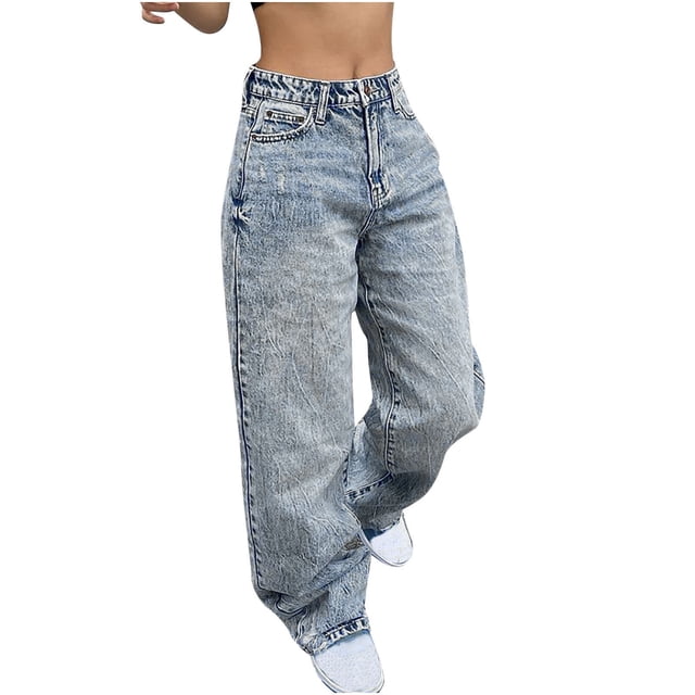Weiqiqre Jeans for Womens Fall Fashion 2024 Mid Waisted Ripped Stretch Button Straight Full Length Pants On Sale