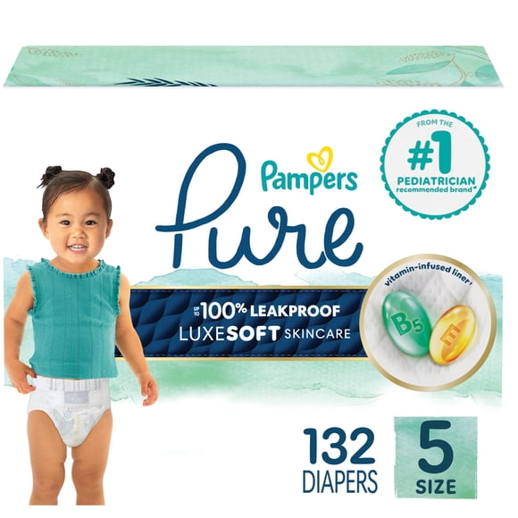 Pampers Pure Baby Diapers, Size 5 (27+ lbs), 132, Up to 100% Leakproof, Premium Hypoallergenic Soft Diapers
