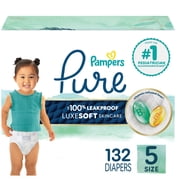 Pampers Pure Baby Diapers, Size 5 (27+ lbs), 132, Up to 100% Leakproof, Premium Hypoallergenic Soft Diapers
