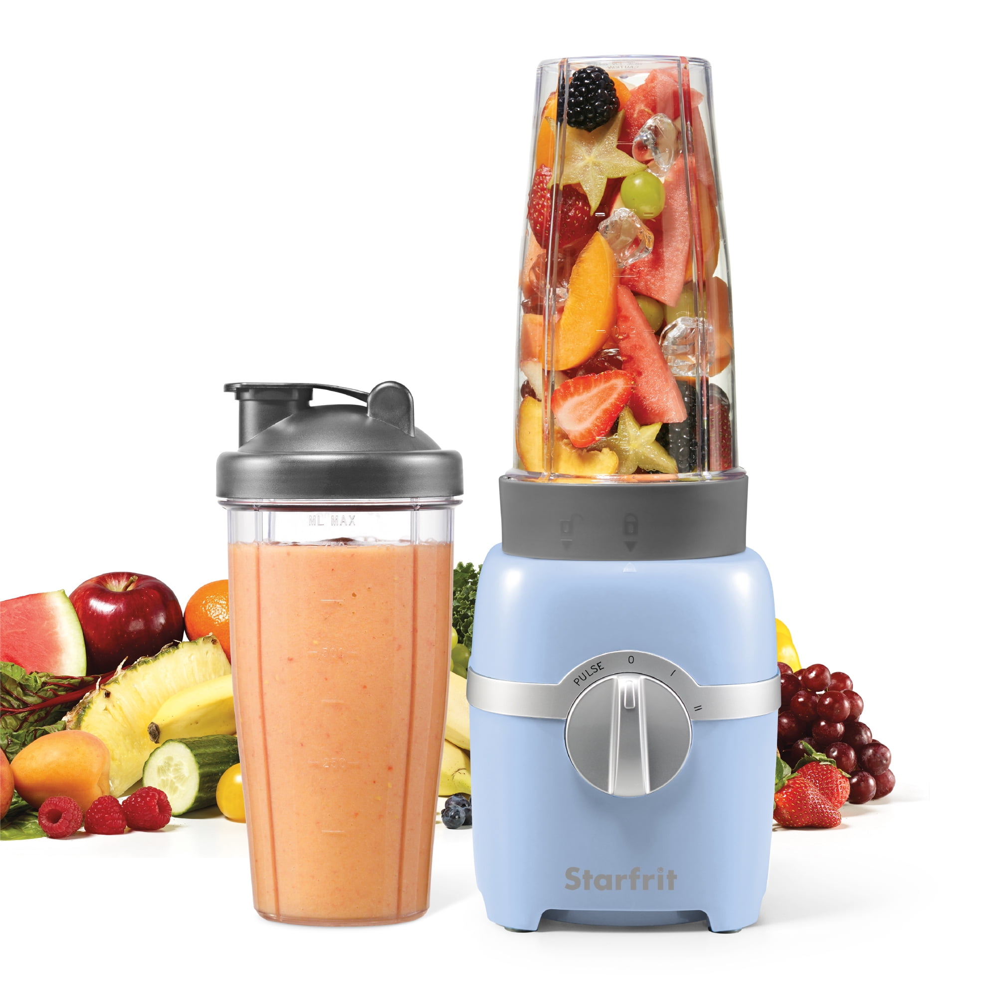 Starfrit 7 pcs  Personal Blender, 2 x 28oz (828ml) cups, 2 x travel lids, 2 blades, 3 speed modes: Low, High & Pulse, 300W