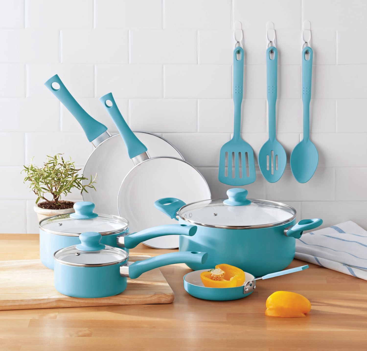 Mainstays Ceramic Nonstick 12 Piece Cookware Set, Blue Linen