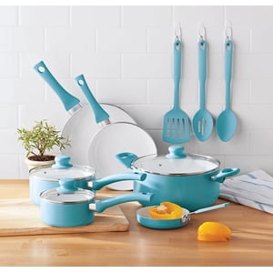 Mainstays Céramique Non-stick 12 Ensemble d'articles de cuisine en pièces, lin bleu