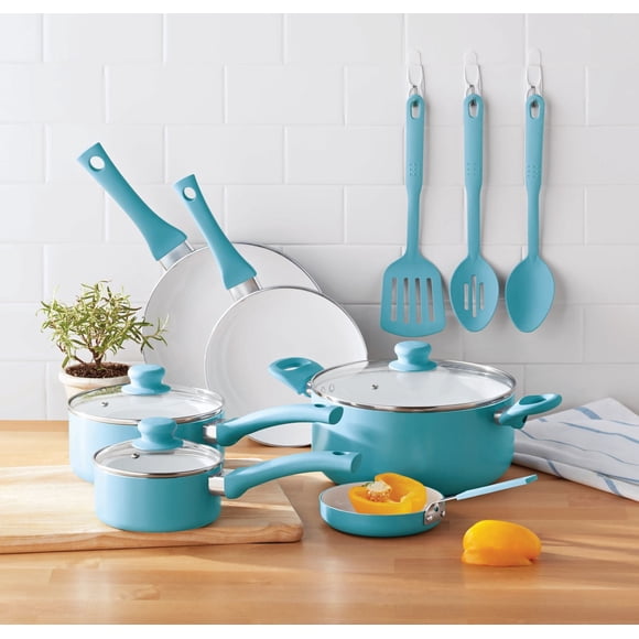 Mainstays Ceramic Nonstick 12 Piece Cookware Set, Blue Linen